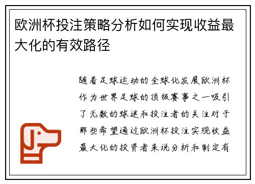 欧洲杯投注策略分析如何实现收益最大化的有效路径